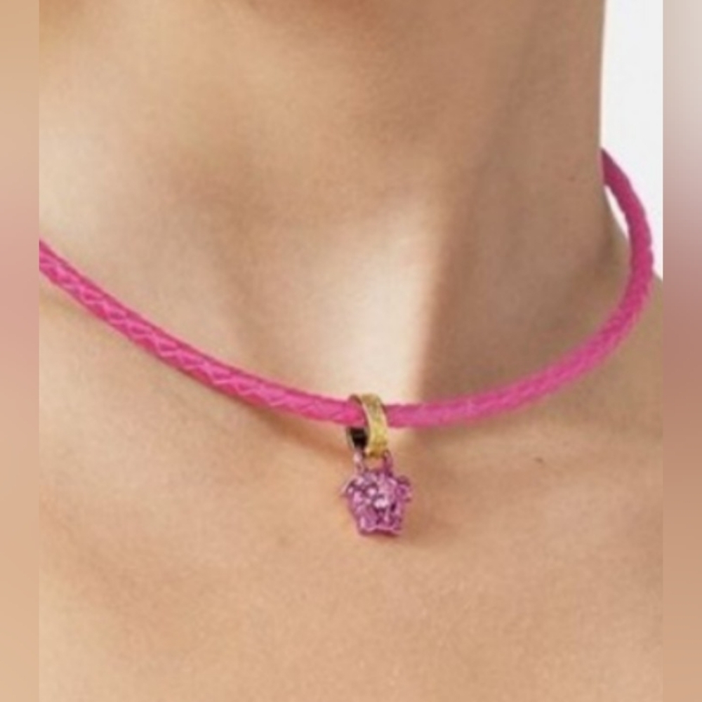 NWT Versace crystal Medusa pink braided necklace